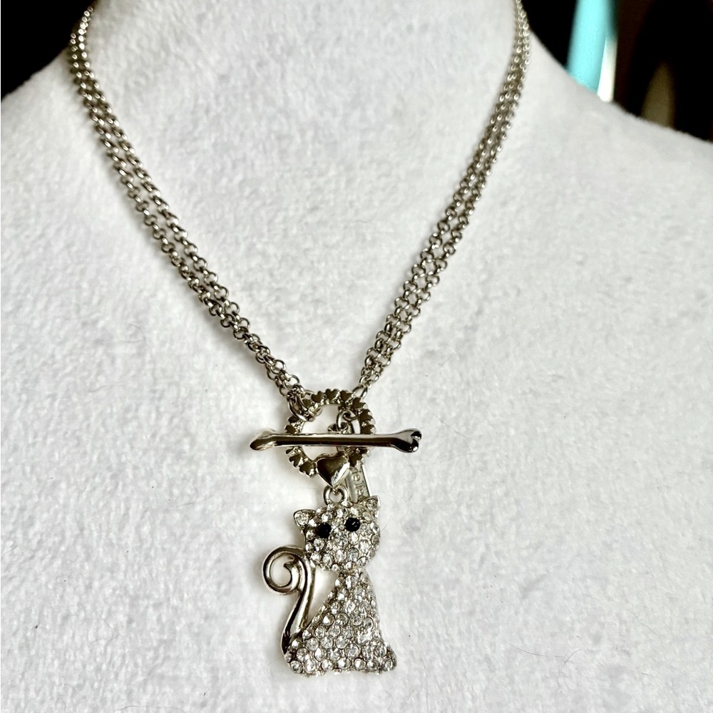 😺 Genuine Crystal Silver Tone Kitty Cat Pendant Necklace by Cookie Lee - Picture 2 of 11